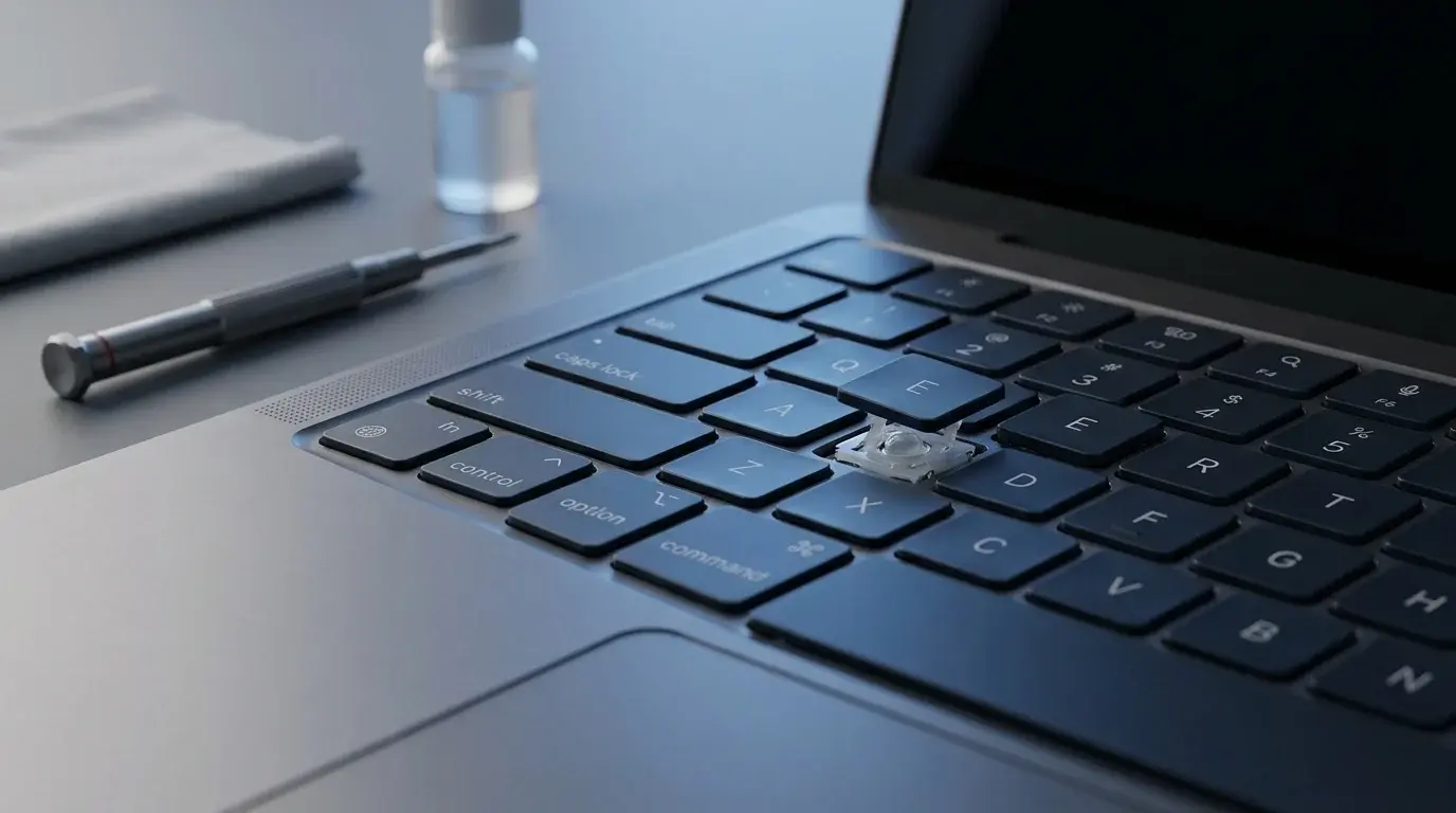 Close-up of a laptop keyboard with a key sticking above the keyboard deck, illustrating how to troubleshoot sticky keys