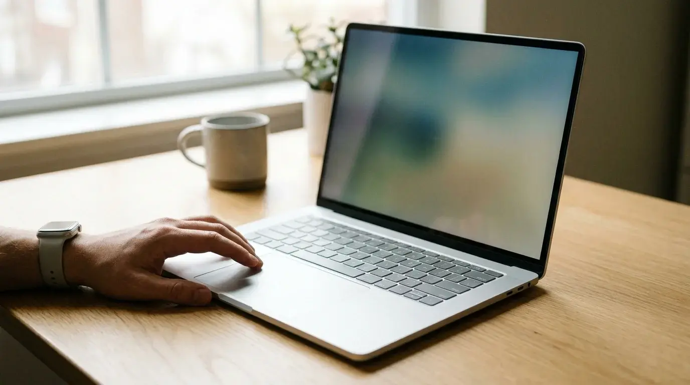 A laptop on a desk illustrating a Windows 11 touchpad cursor visibility problem
