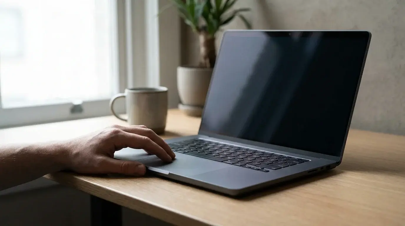 An open laptop on a clean desk, illustrating troubleshooting for an unresponsive laptop touchpad