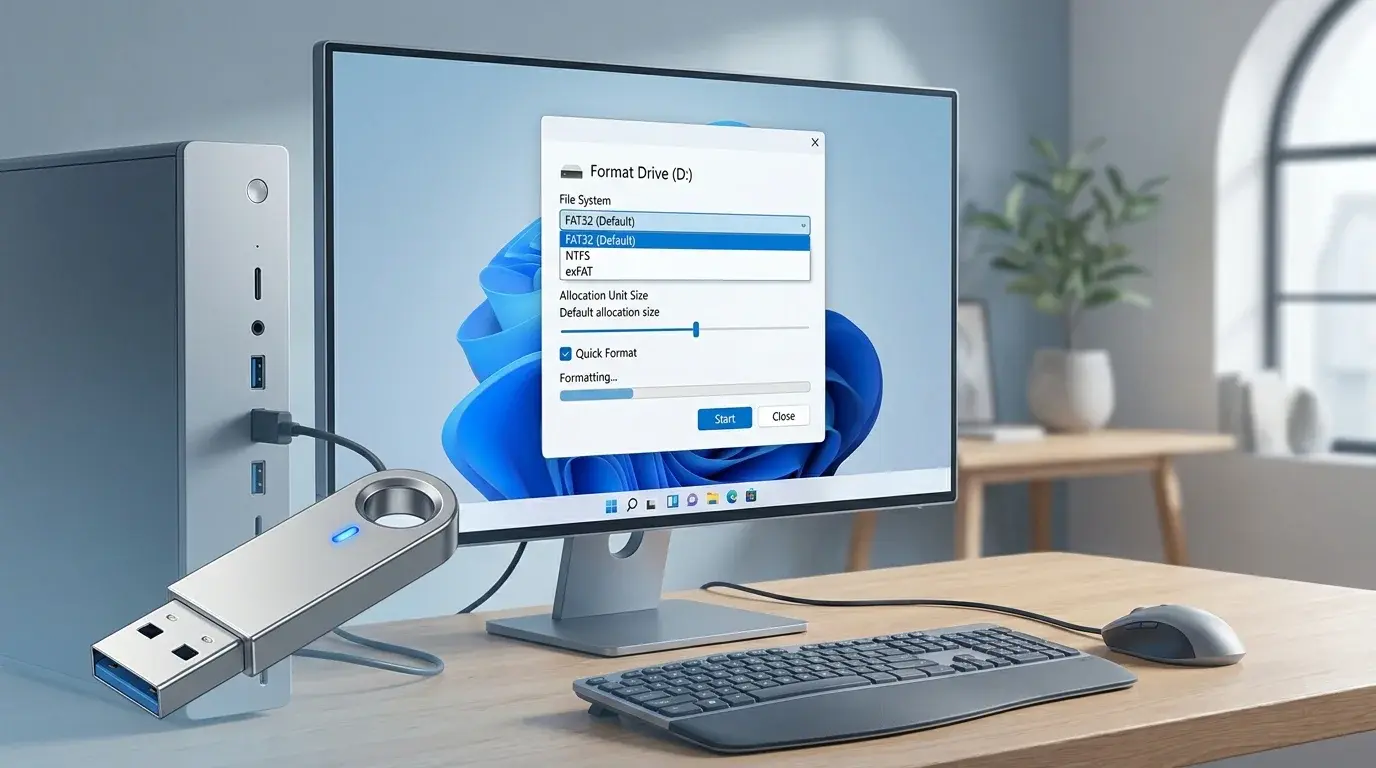 USB flash drive beside a Windows 11-inspired format dialog with FAT32 selected