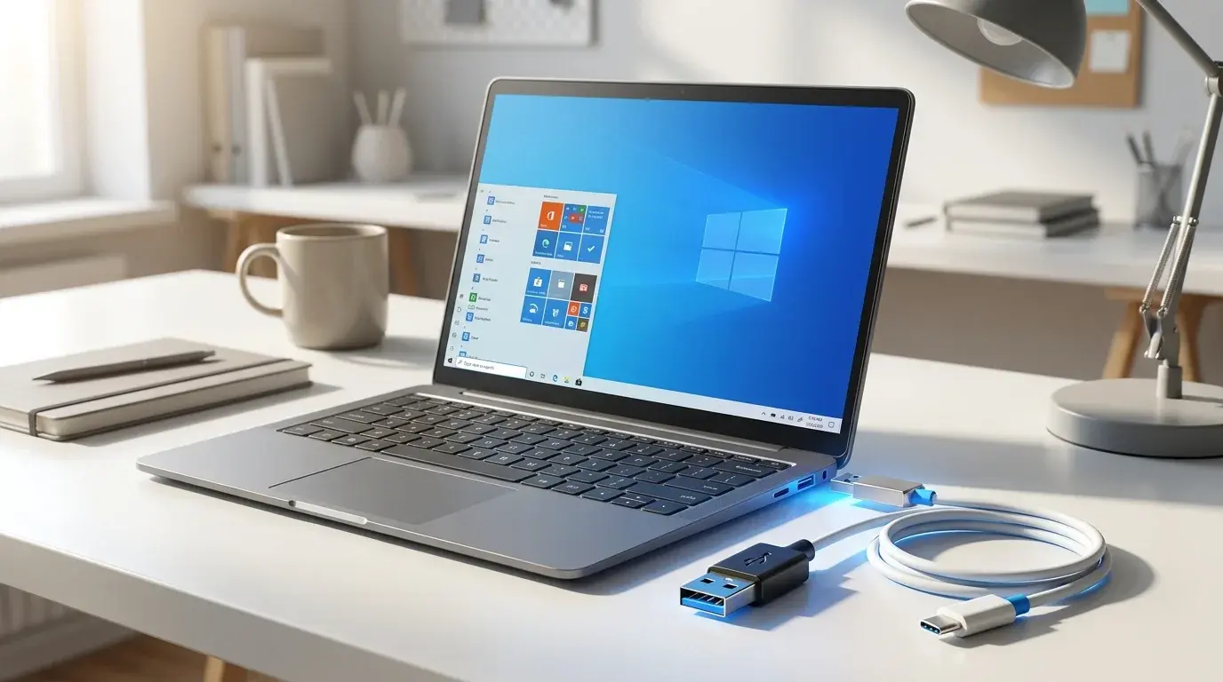 USB connectors and a cable beside a modern laptop, illustrating the meaning and types of USB