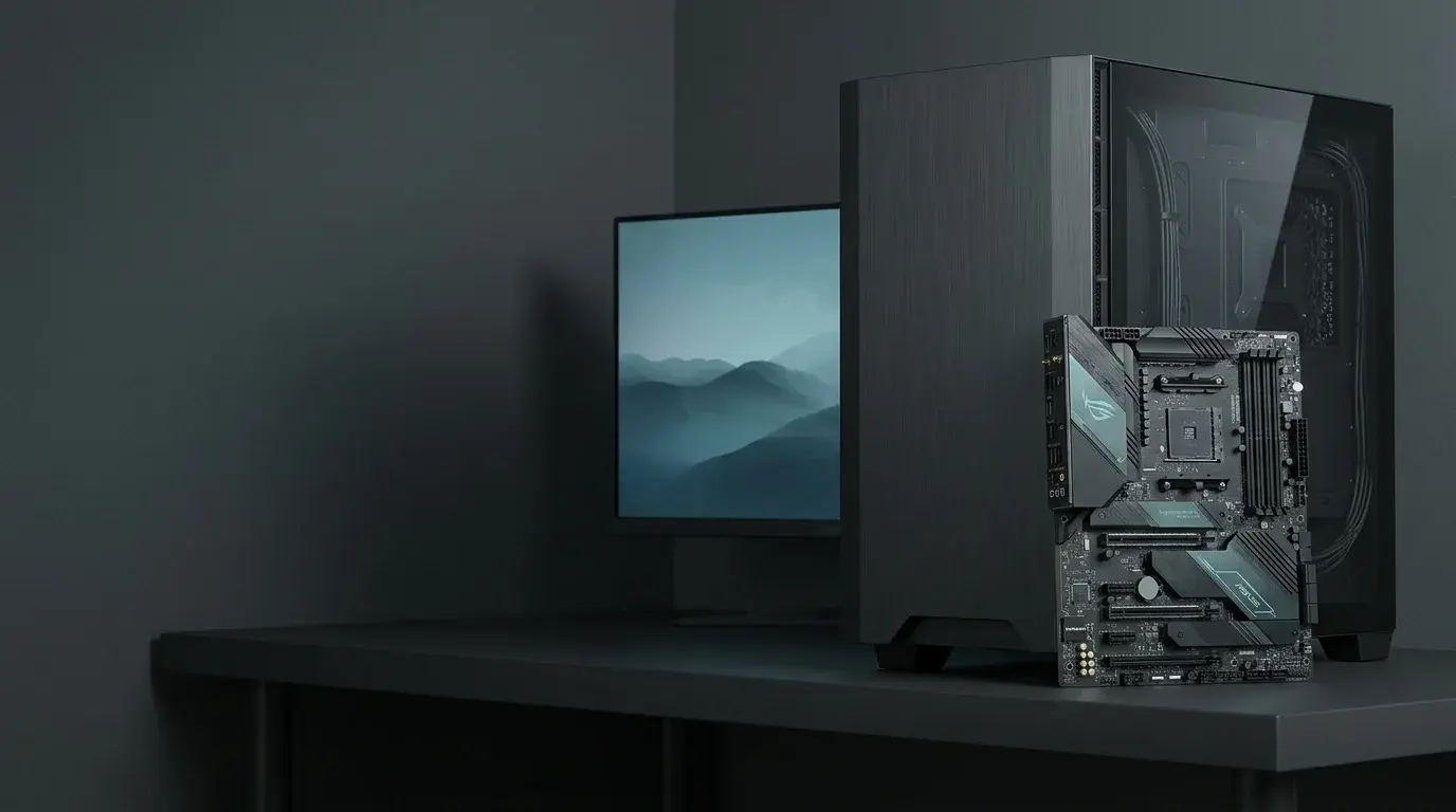 An unbranded gaming PC and motherboard on a dark desk, representing Windows startup security troubleshooting