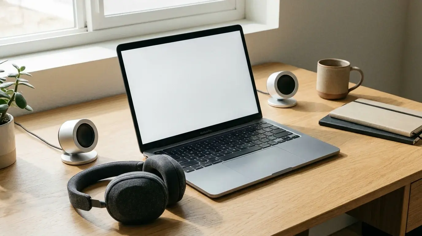 A laptop with headphones and desktop speakers illustrating how a computer handles audio