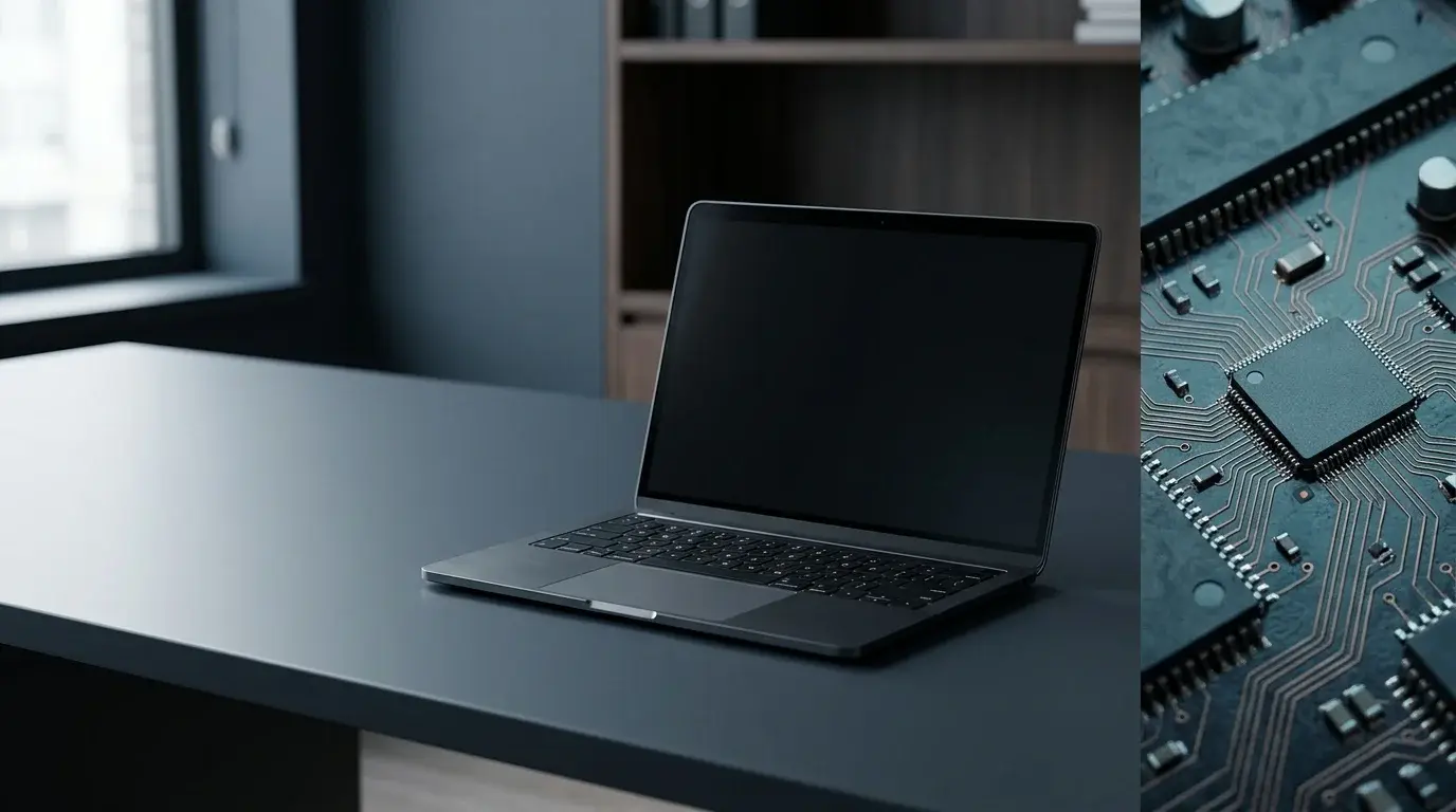 A modern unbranded PC and motherboard on a dark desk representing firmware startup security
