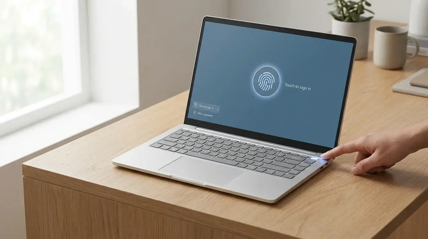 Windows 11 laptop with a fingerprint sign-in prompt on its screen