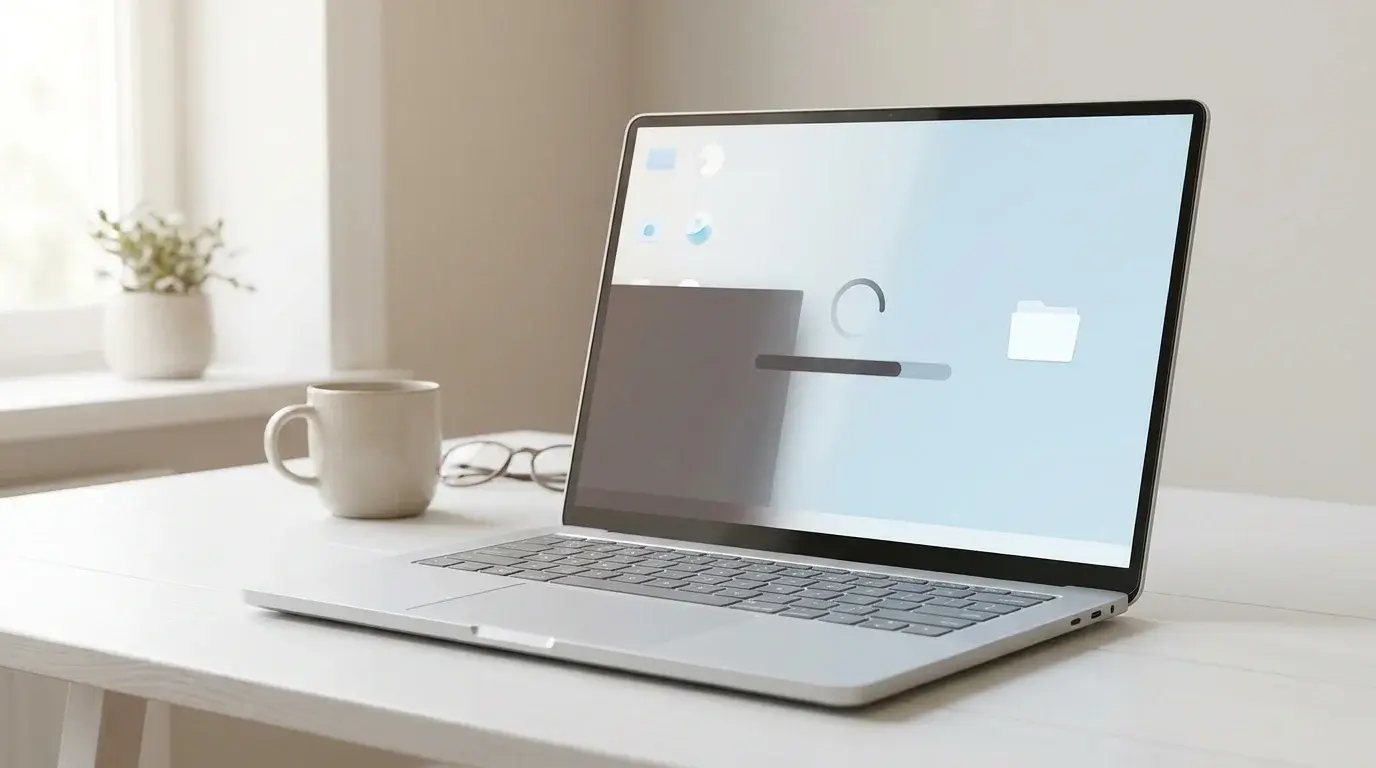A Windows laptop starting up at a clean desk, illustrating troubleshooting for a slow startup