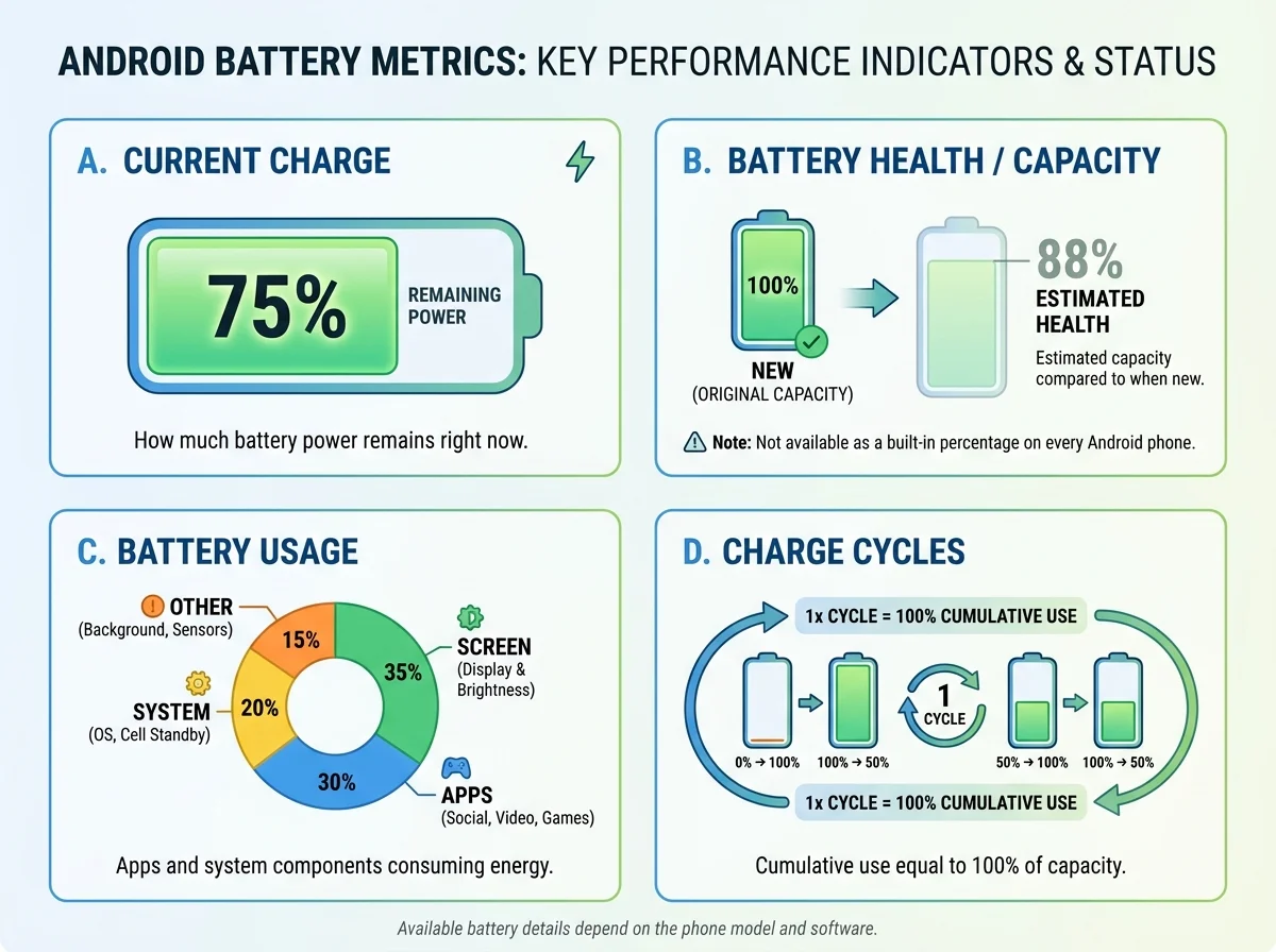 Infographic distinguishing current charge, estimated battery health, battery usage, and charge cycles, with a note that Android support varies by device
