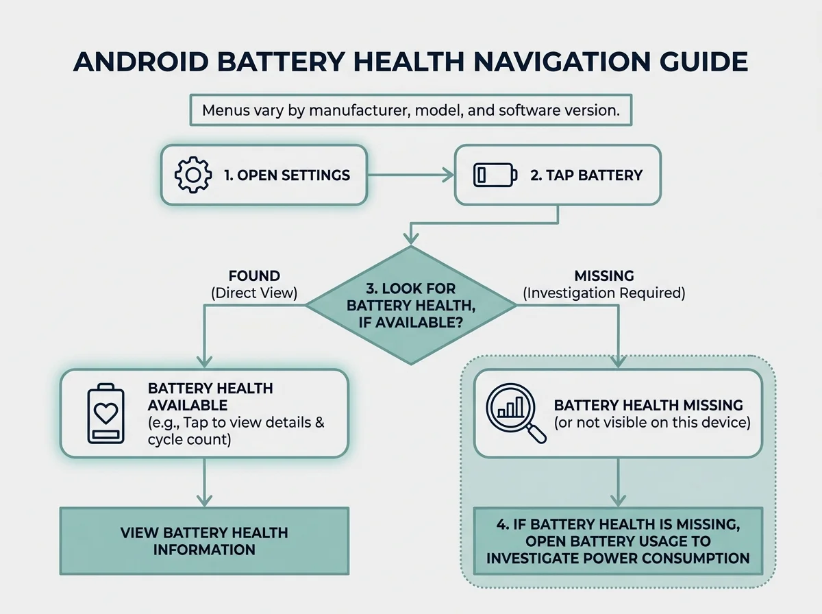 Diagram showing the general Android battery check: Settings, Battery, then Battery health if available or Battery usage for drain information