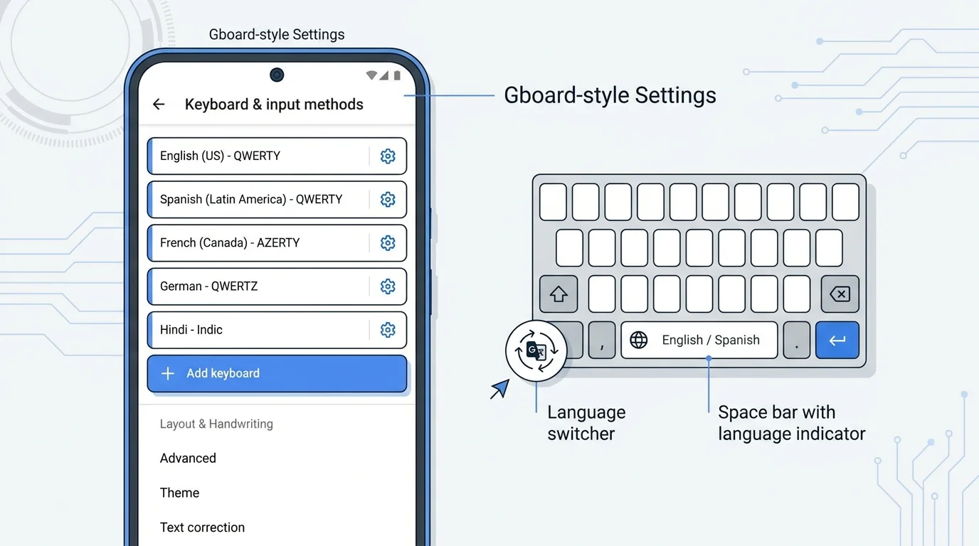 Gboard language settings showing how to add a keyboard language and layout
