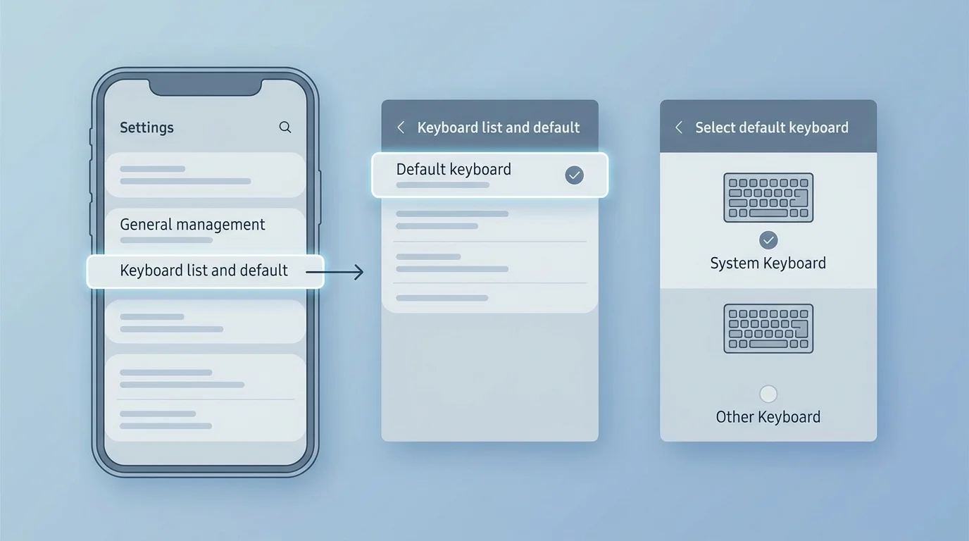Samsung Galaxy keyboard settings showing the keyboard list and default selection