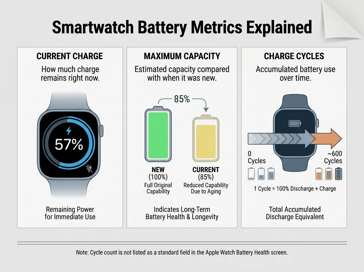 Infographic explaining current charge, Maximum Capacity, and charge cycles, with a note that cycle count is not listed as a standard field in the Apple Watch Battery Health screen