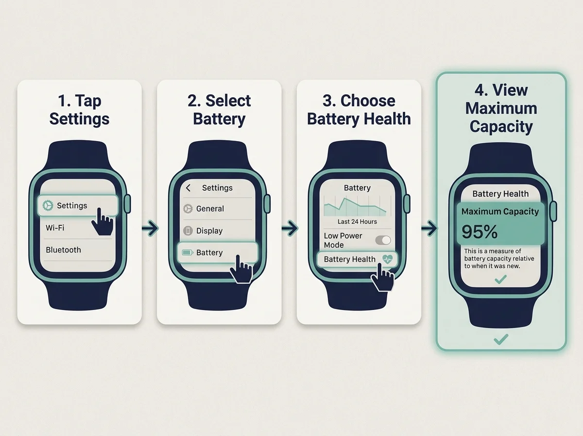 Diagram showing the Apple Watch Settings path to Battery, Battery Health, and Maximum Capacity
