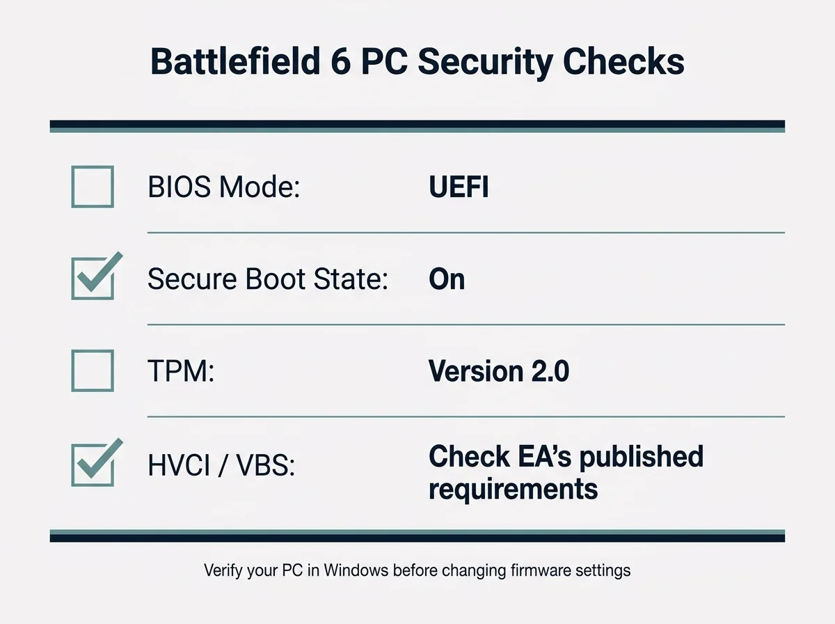 An illustrative checklist outlining the key PC security settings to verify in Windows before altering firmware, including UEFI BIOS Mode, Secure Boot State, and TPM 2.0
