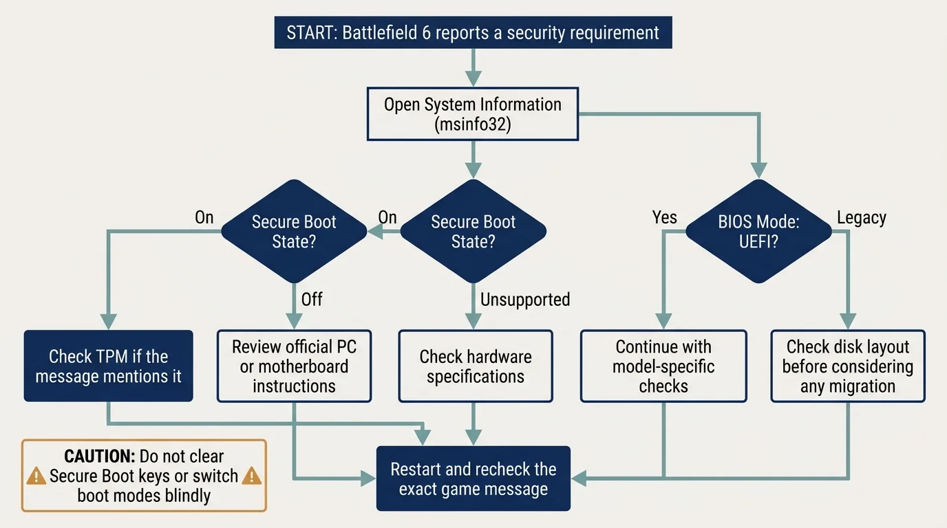 Diagnostic flowchart for Battlefield 6 Secure Boot errors, tracing steps through msinfo32, UEFI BIOS Mode, and Secure Boot State before making firmware adjustments