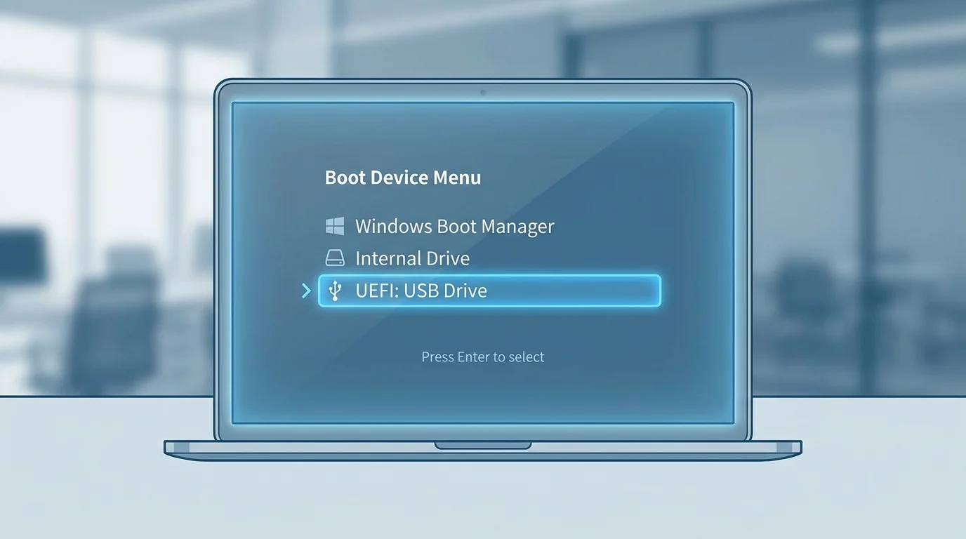 Windows-inspired one-time boot menu highlighting a UEFI USB drive entry