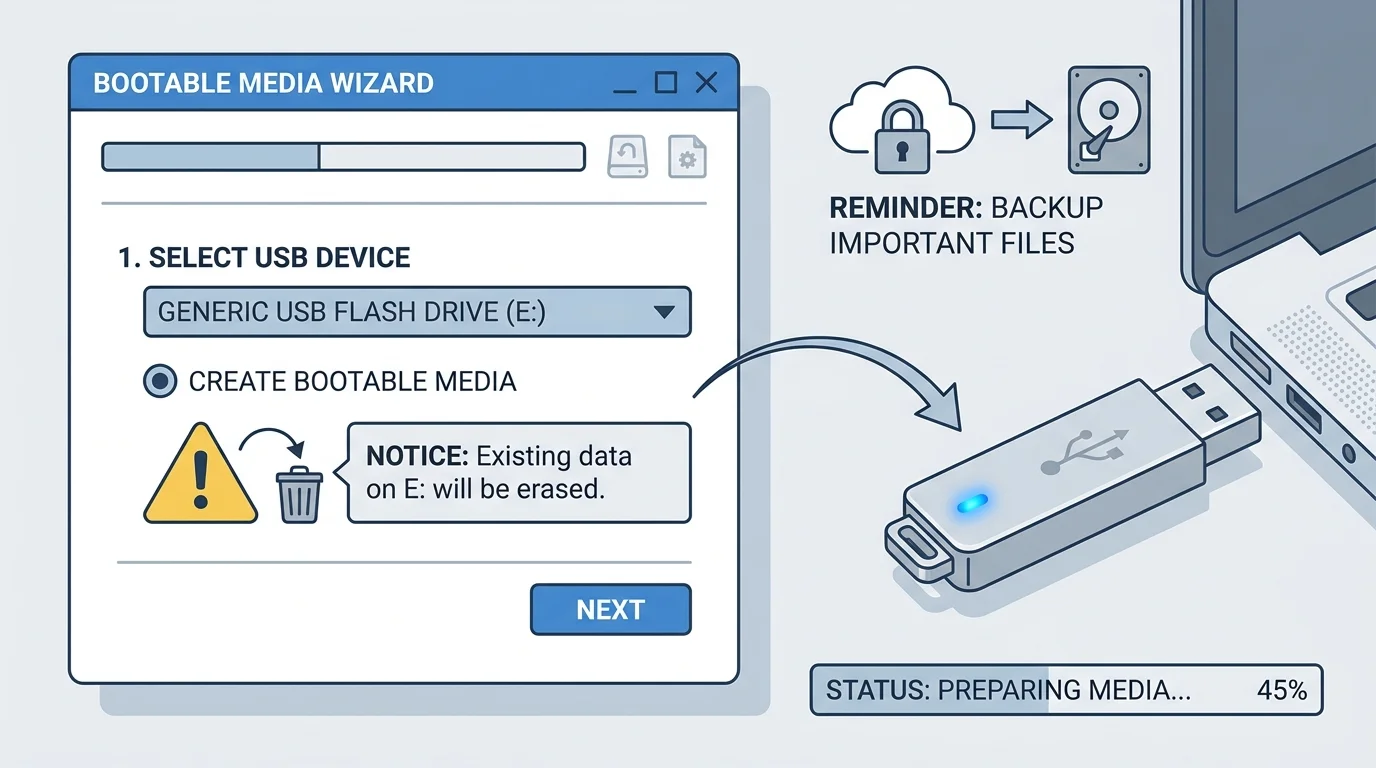 Windows 11-inspired media creation workflow showing a USB flash drive being prepared as installation media