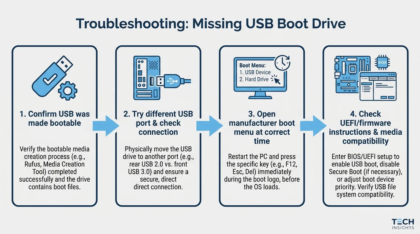 USB boot troubleshooting checklist with a PC, USB port, boot menu, and firmware settings icons