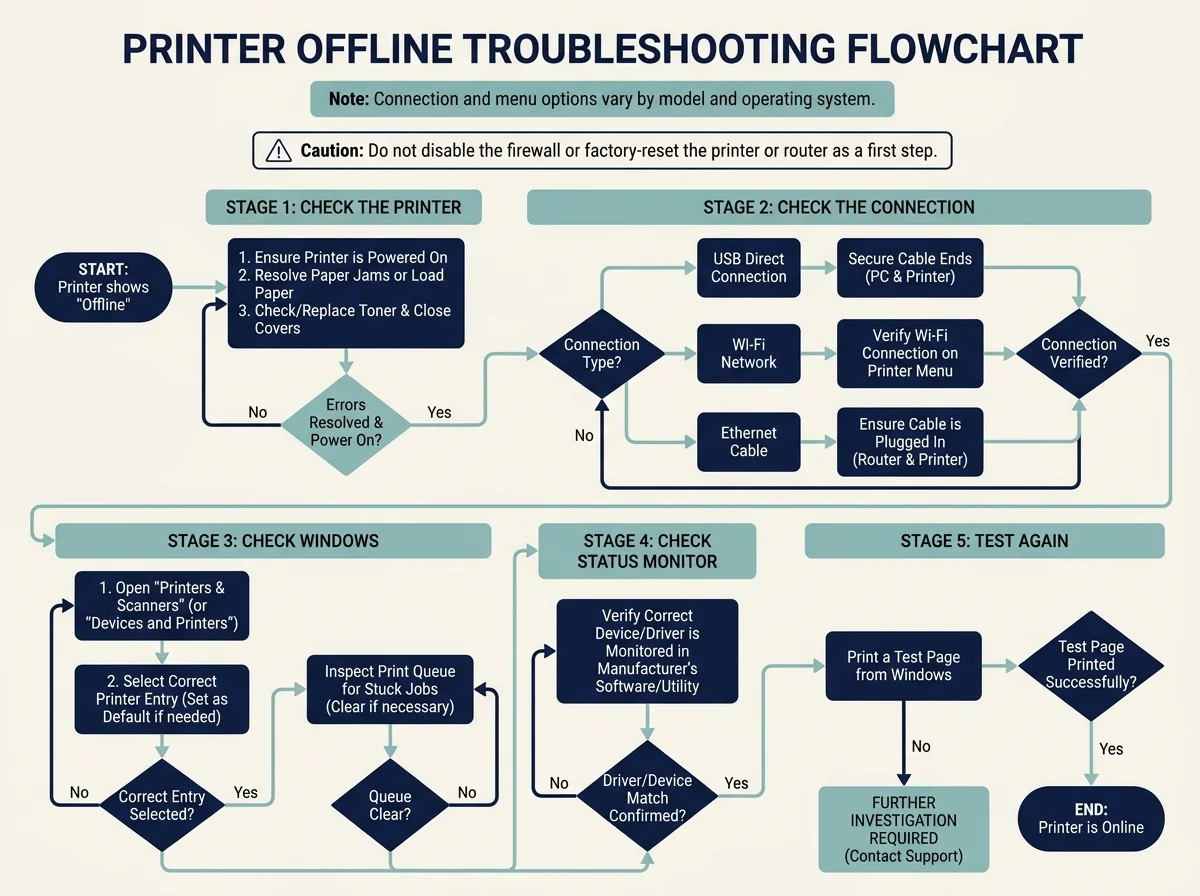 A troubleshooting diagram showing a Brother printer power and error check, USB or network connection check, queue review, and test print