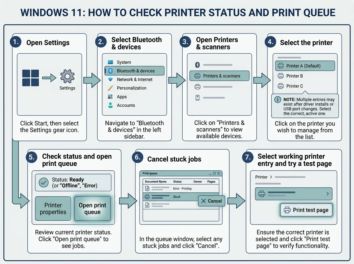 A diagram showing Windows 11 Settings, selecting a Brother printer, opening its print queue, cancelling a stuck job, and testing the printer