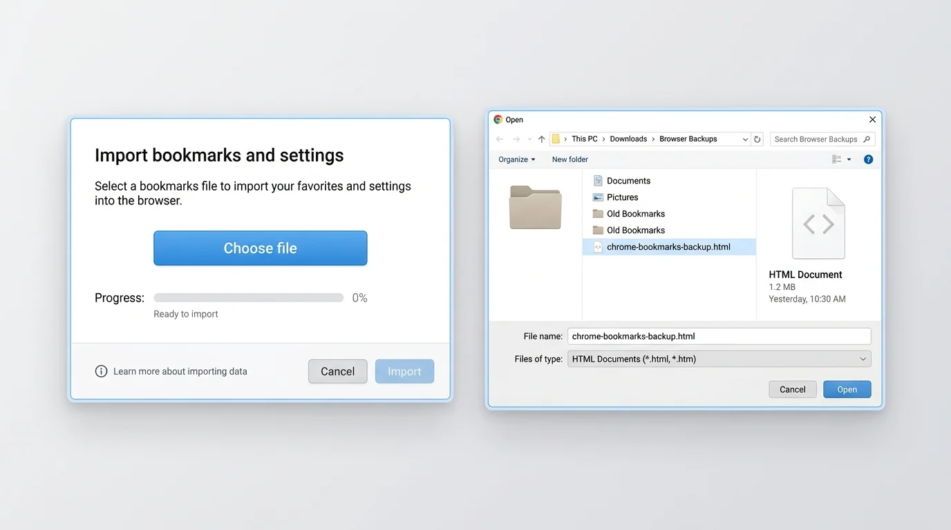 File picker showing a bookmarks HTML backup selected for import into Chrome