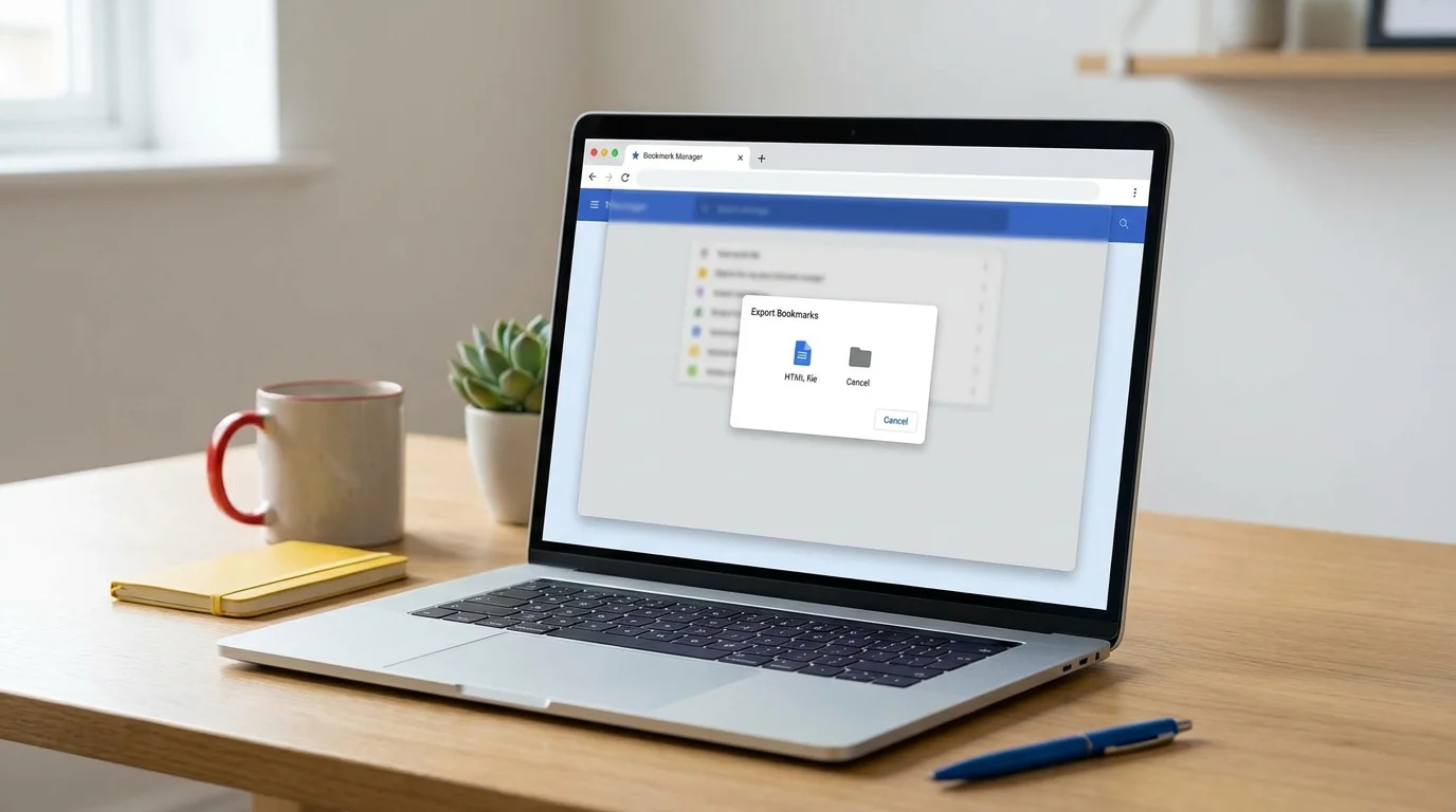 Chrome bookmark manager displayed on a computer before exporting saved bookmarks