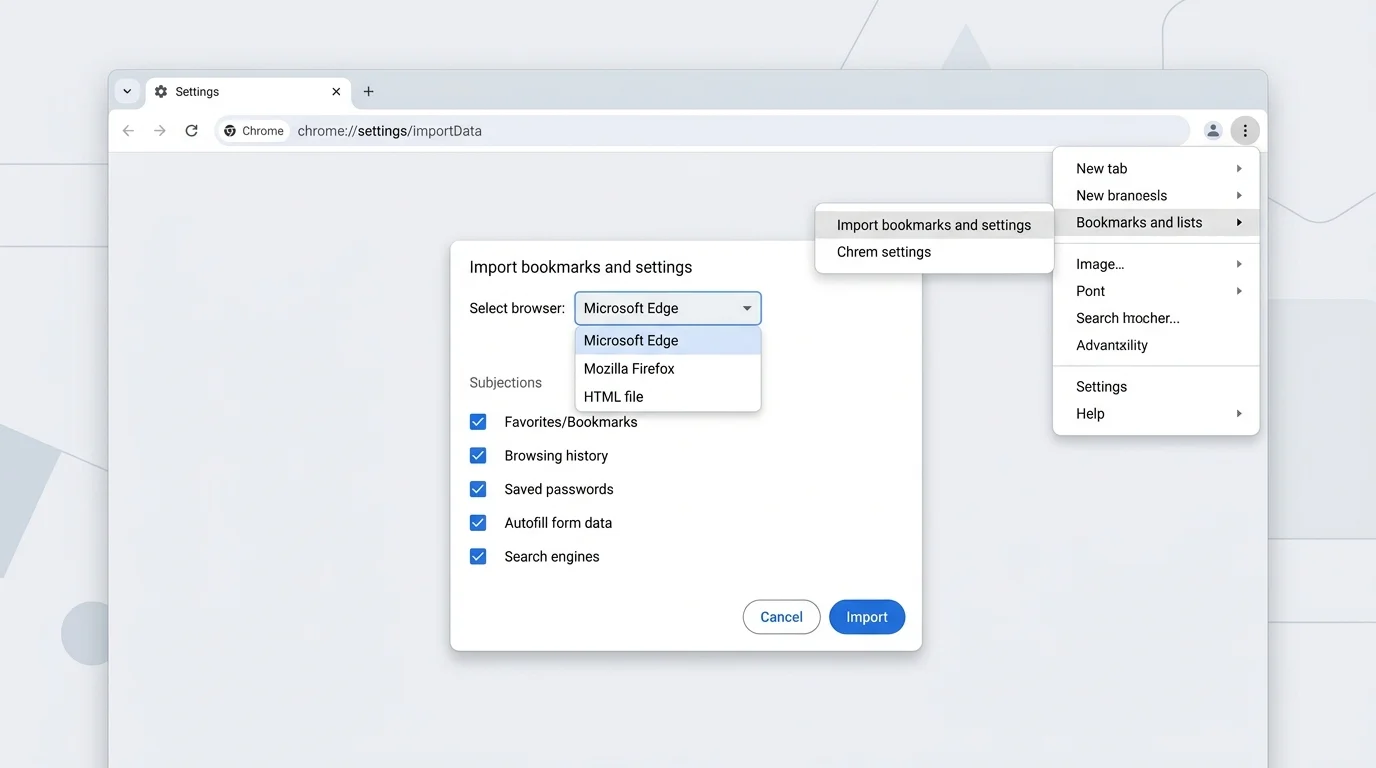 Chrome menu showing the Import bookmarks and settings command