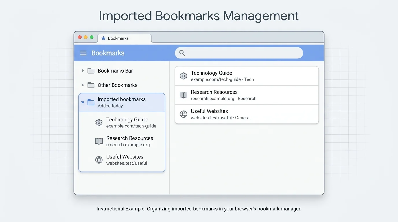 Chrome bookmark manager showing imported bookmarks in a bookmarks folder