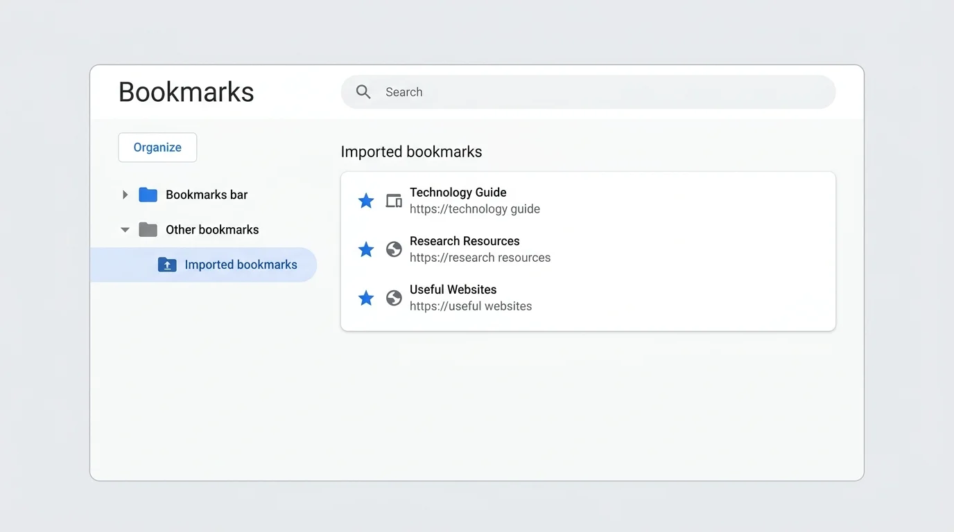 Bookmark Manager with an imported bookmarks folder and sample saved links