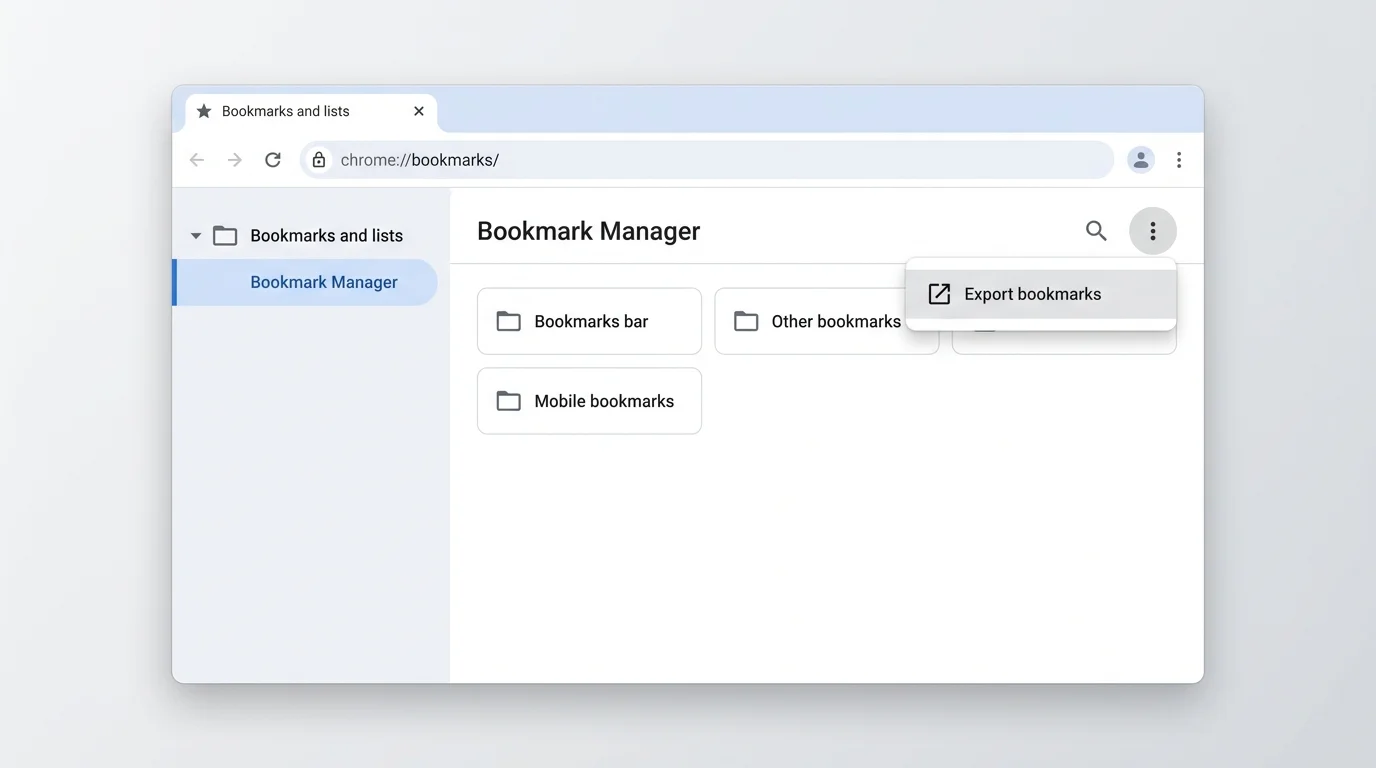 Chrome Bookmark Manager with its More menu showing Export bookmarks