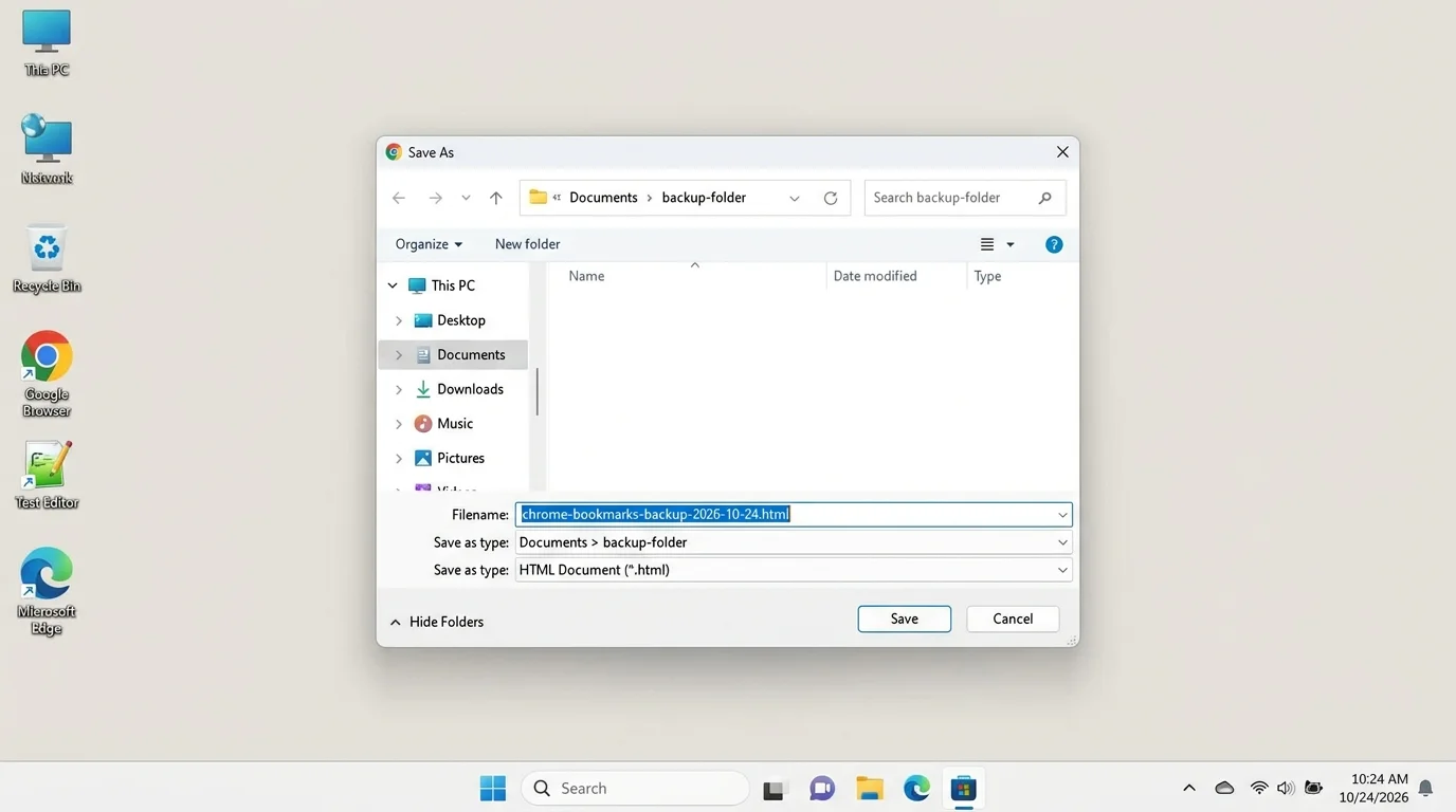 Save dialog for an exported Chrome bookmarks HTML file