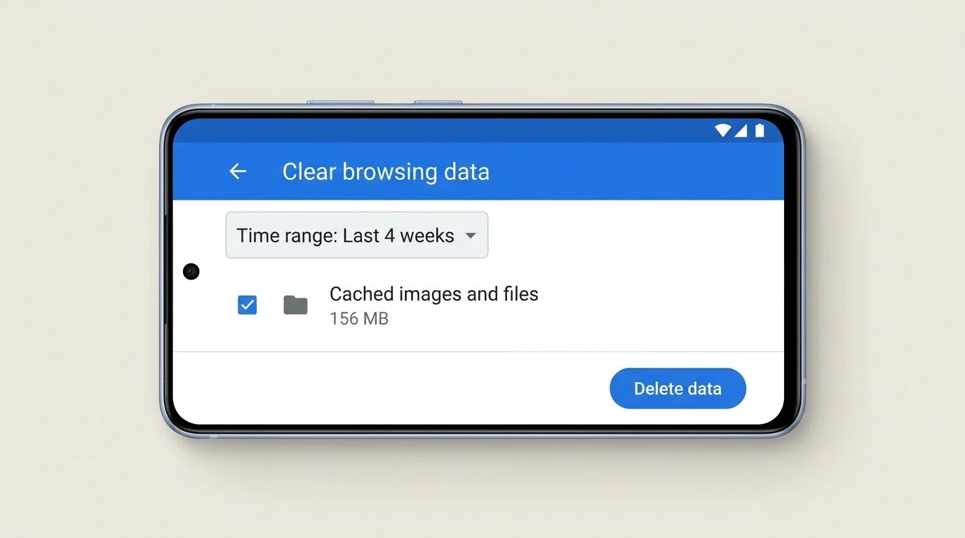 Android phone showing Chrome's Delete browsing data menu and cached images and files option