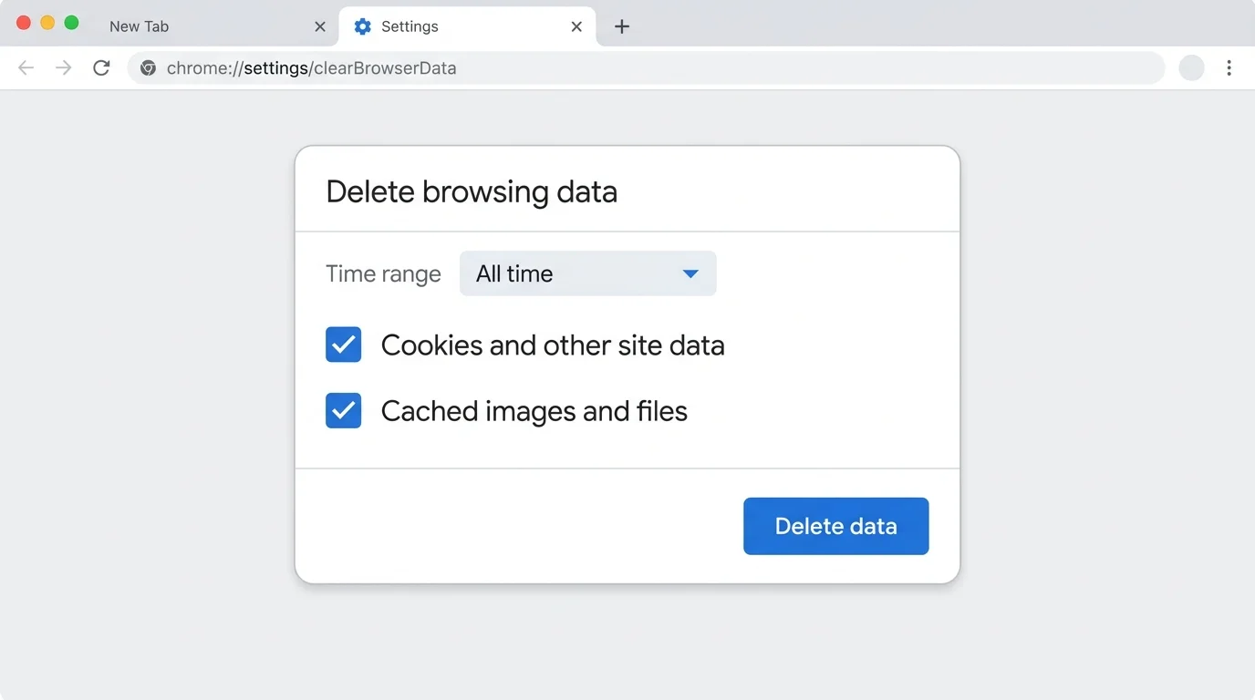 Chrome desktop Delete browsing data dialog with Cached images and files selected