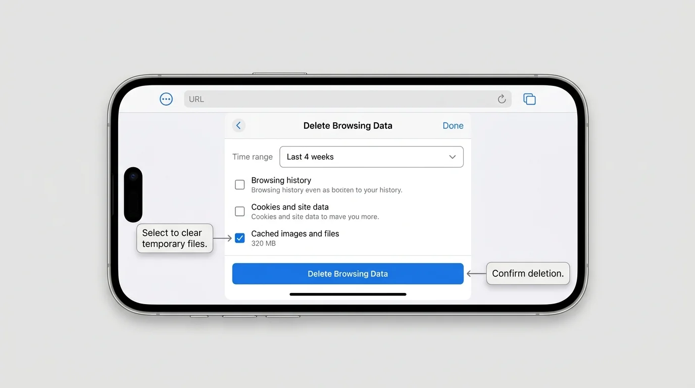 iPhone screen illustrating Chrome's Delete Browsing Data options