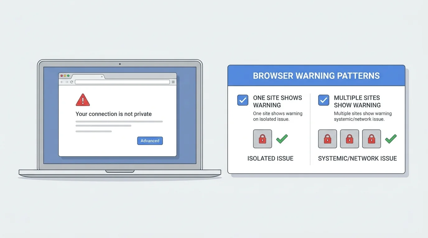 A troubleshooting desk with a laptop showing a certificate warning and a checklist for checking the website, device clock, network, and browser updates