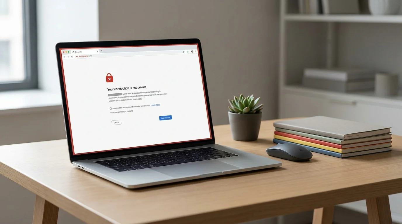 A laptop displaying Chrome's Your connection is not private warning during a safe browser troubleshooting check