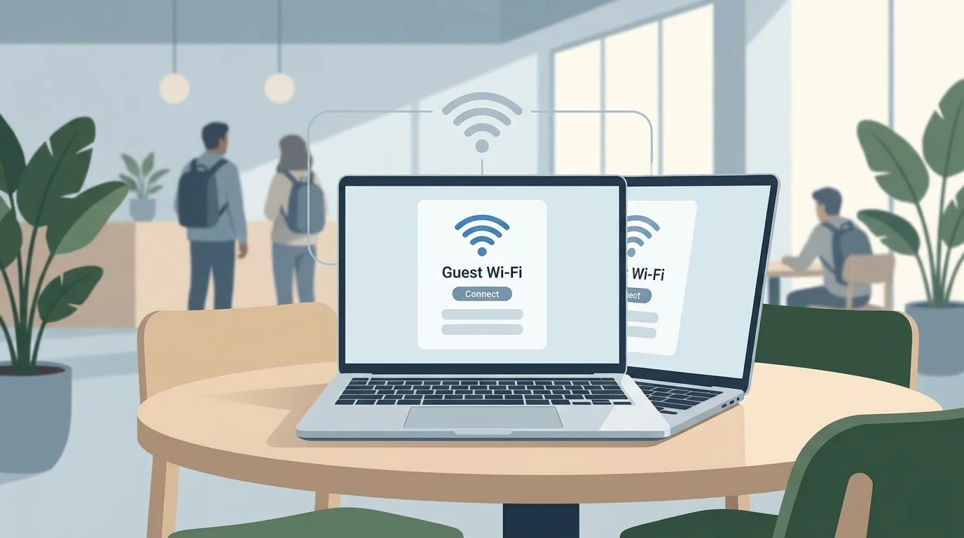 A laptop and public Wi-Fi router illustrating the need to complete a legitimate guest network sign-in before testing HTTPS websites