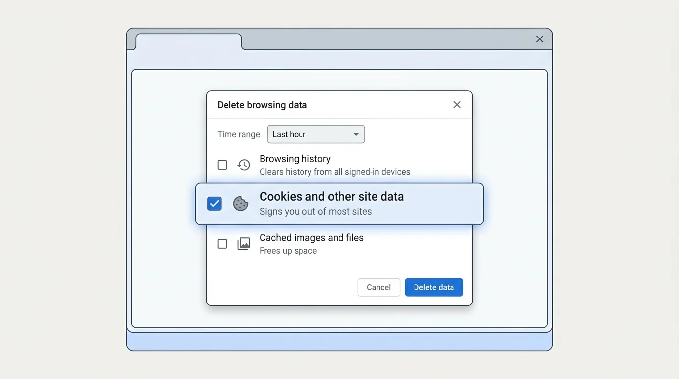 Chrome-inspired Delete browsing data dialog with Cookies and other site data selected