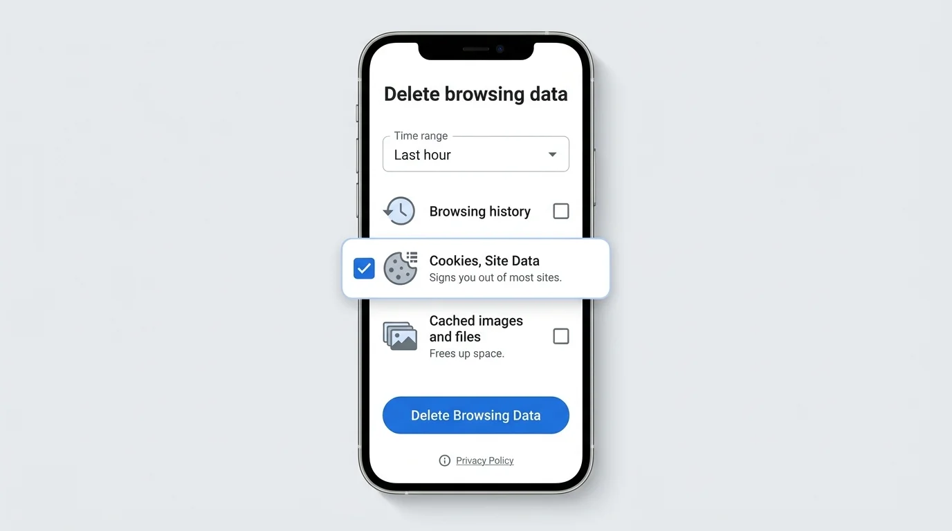 Smartphone showing a Chrome-inspired mobile Delete Browsing Data screen with Cookies, Site Data selected