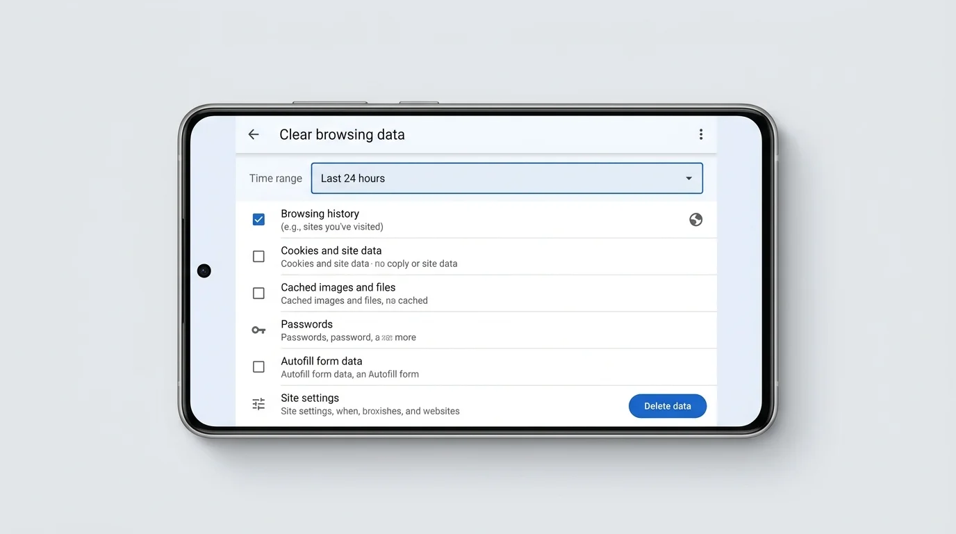 Android phone showing Chrome's Delete browsing data screen with Browsing history selected