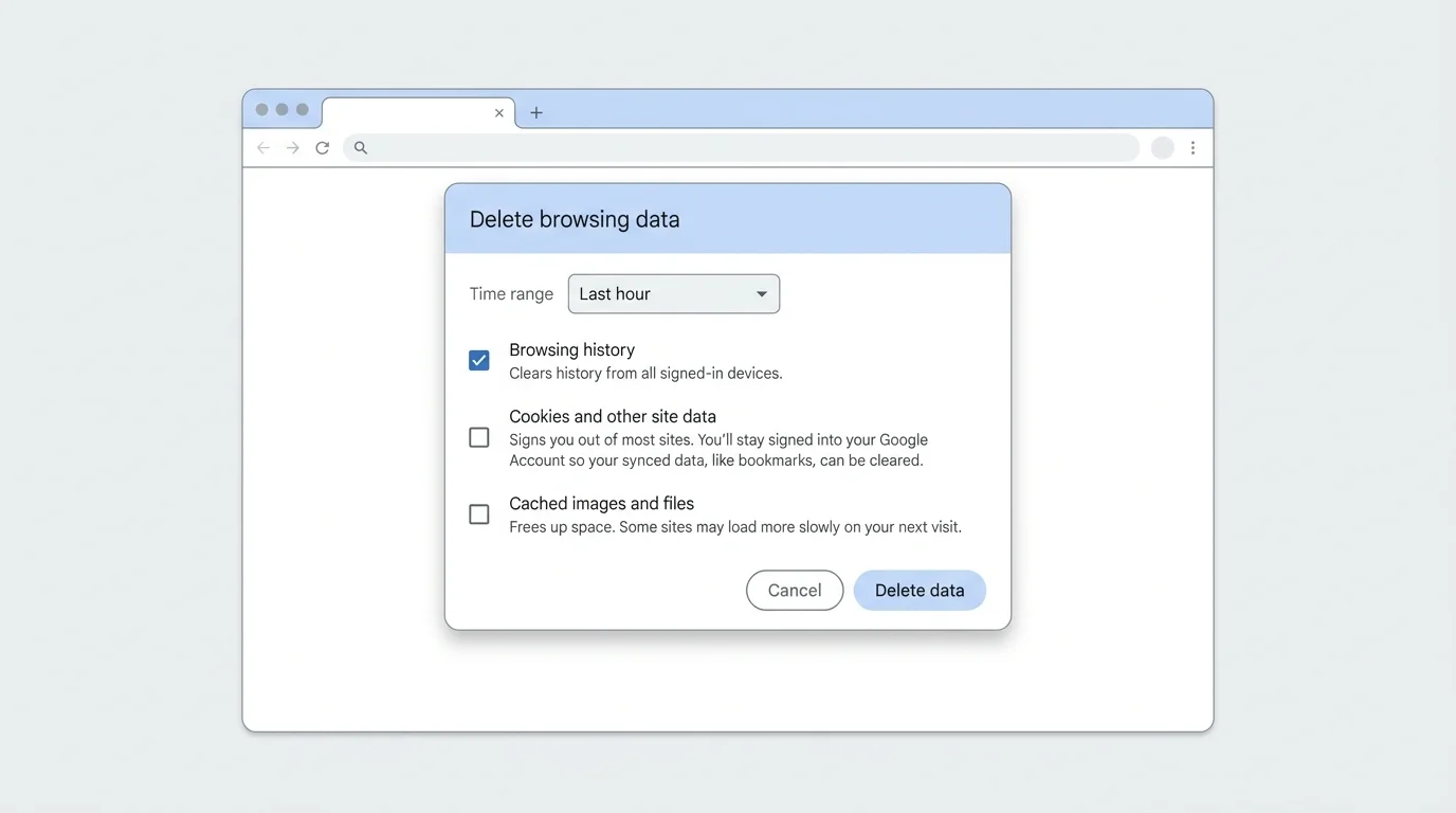 Chrome desktop Delete browsing data dialog with Browsing history selected