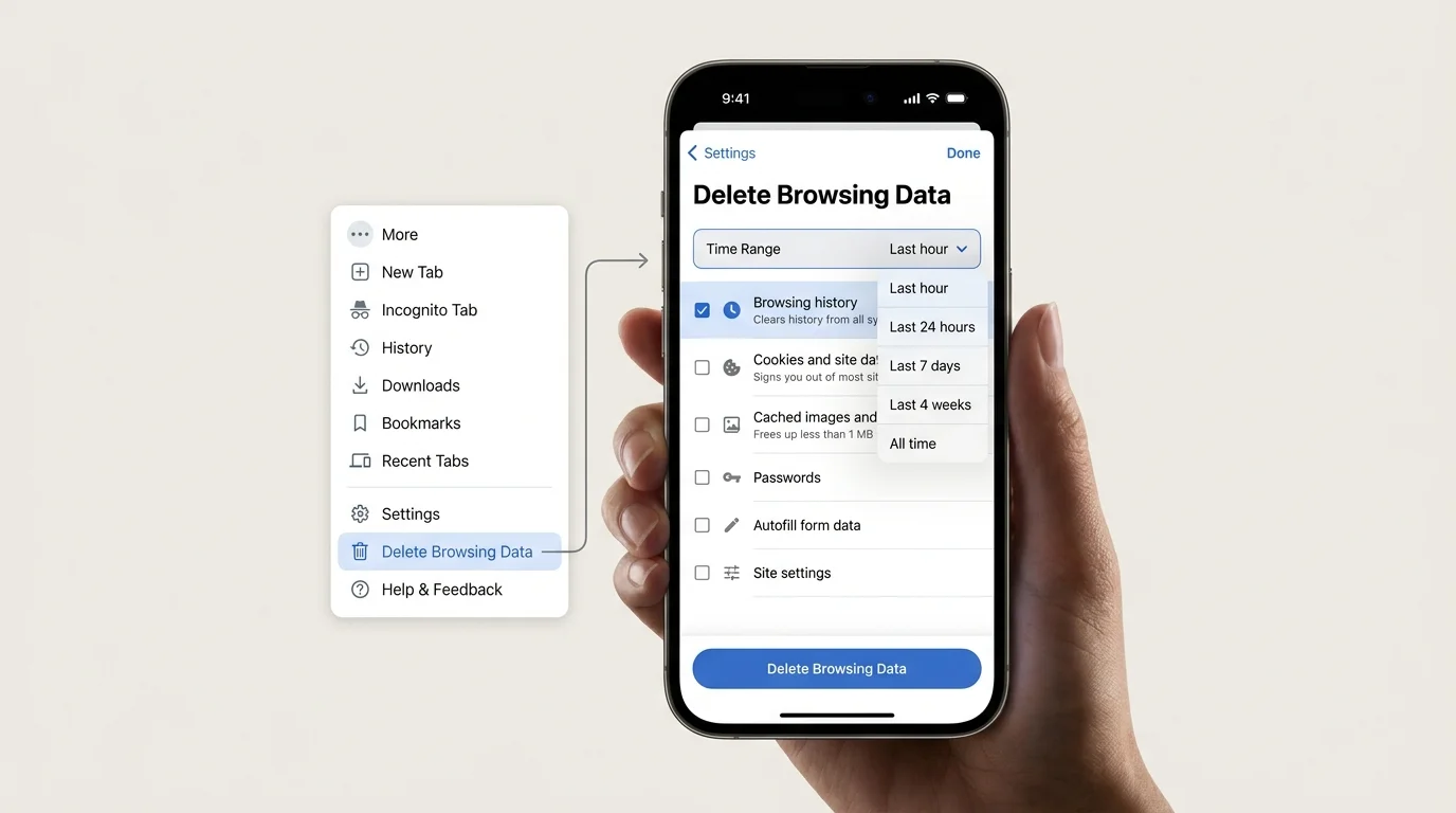 iPhone displaying Chrome's Delete Browsing Data screen and time-range options