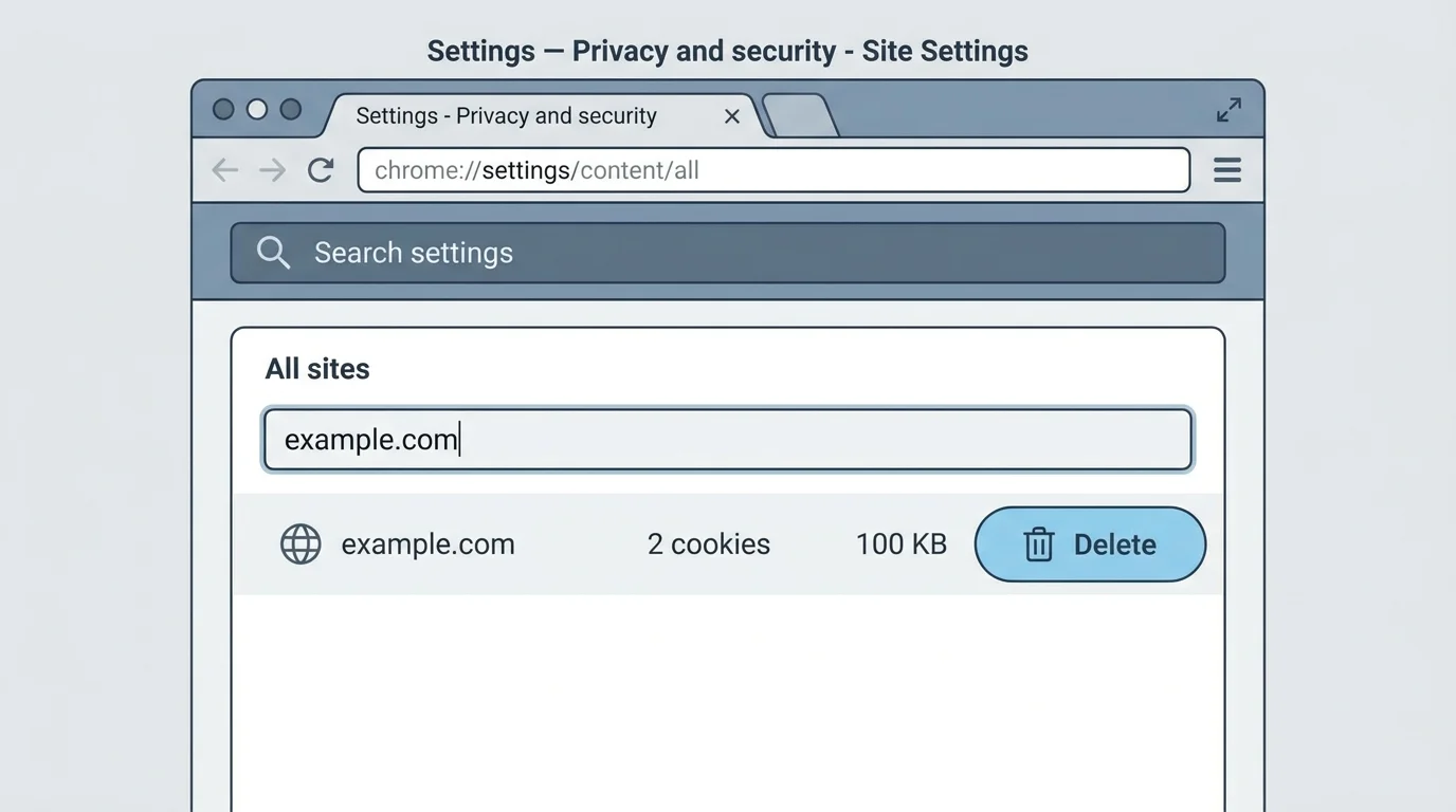 Chrome-style site data settings with a website search field and a delete control for one domain