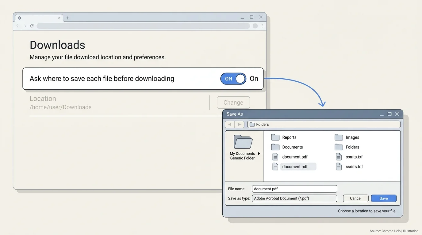 Chrome Downloads settings with Ask where to save each file before downloading enabled