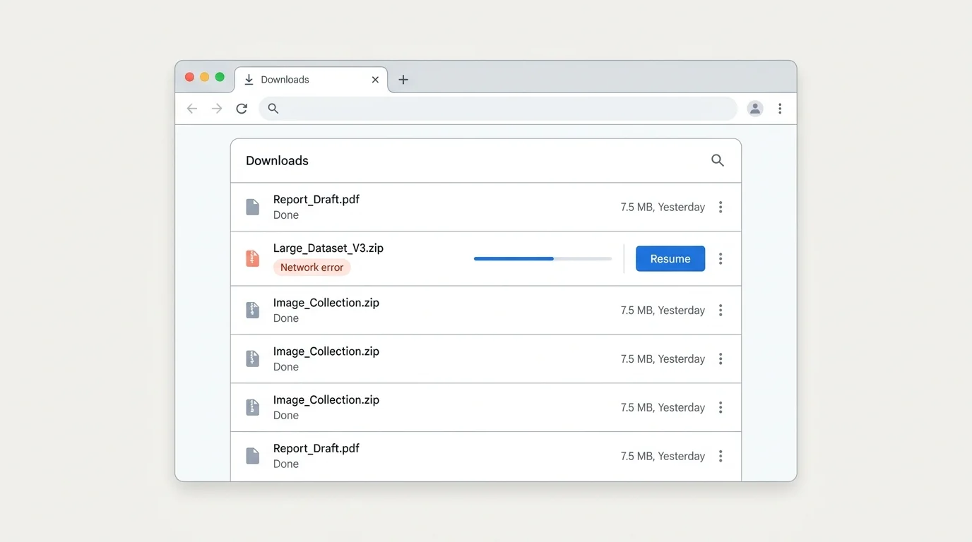 Chrome's Downloads page showing how to review a file's status and error message