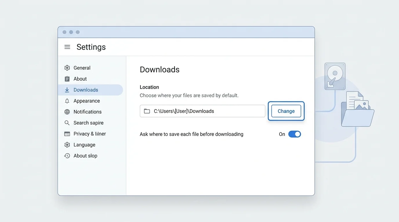 Chrome download settings with a save location and a reminder to check available disk space and folder access