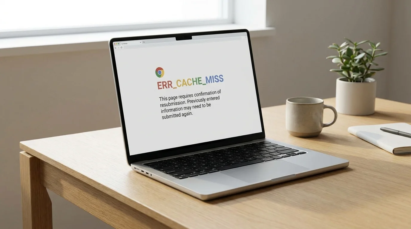 Laptop displaying a Chrome-style ERR_CACHE_MISS page during browser troubleshooting