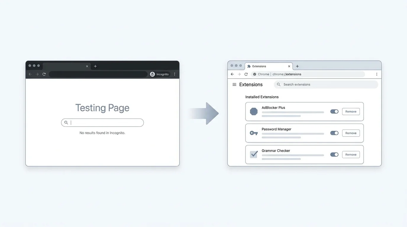 Chrome Incognito window beside an extension management screen used to isolate a browser issue