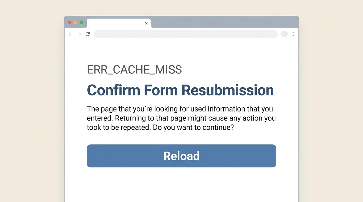 Chrome-style page with a refresh control and a form-resubmission decision shown as a troubleshooting concept