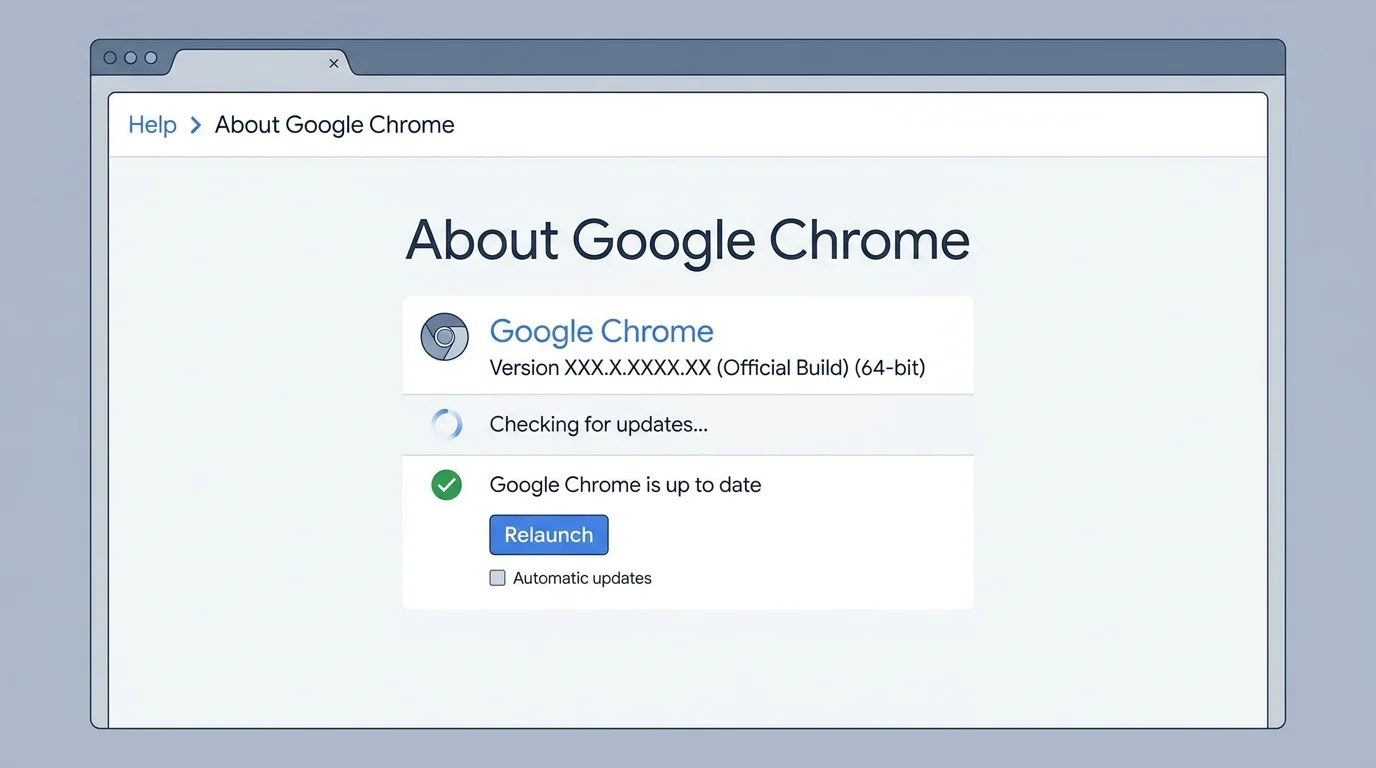 Chrome About page showing a browser update check as one step in troubleshooting ERR_CACHE_MISS