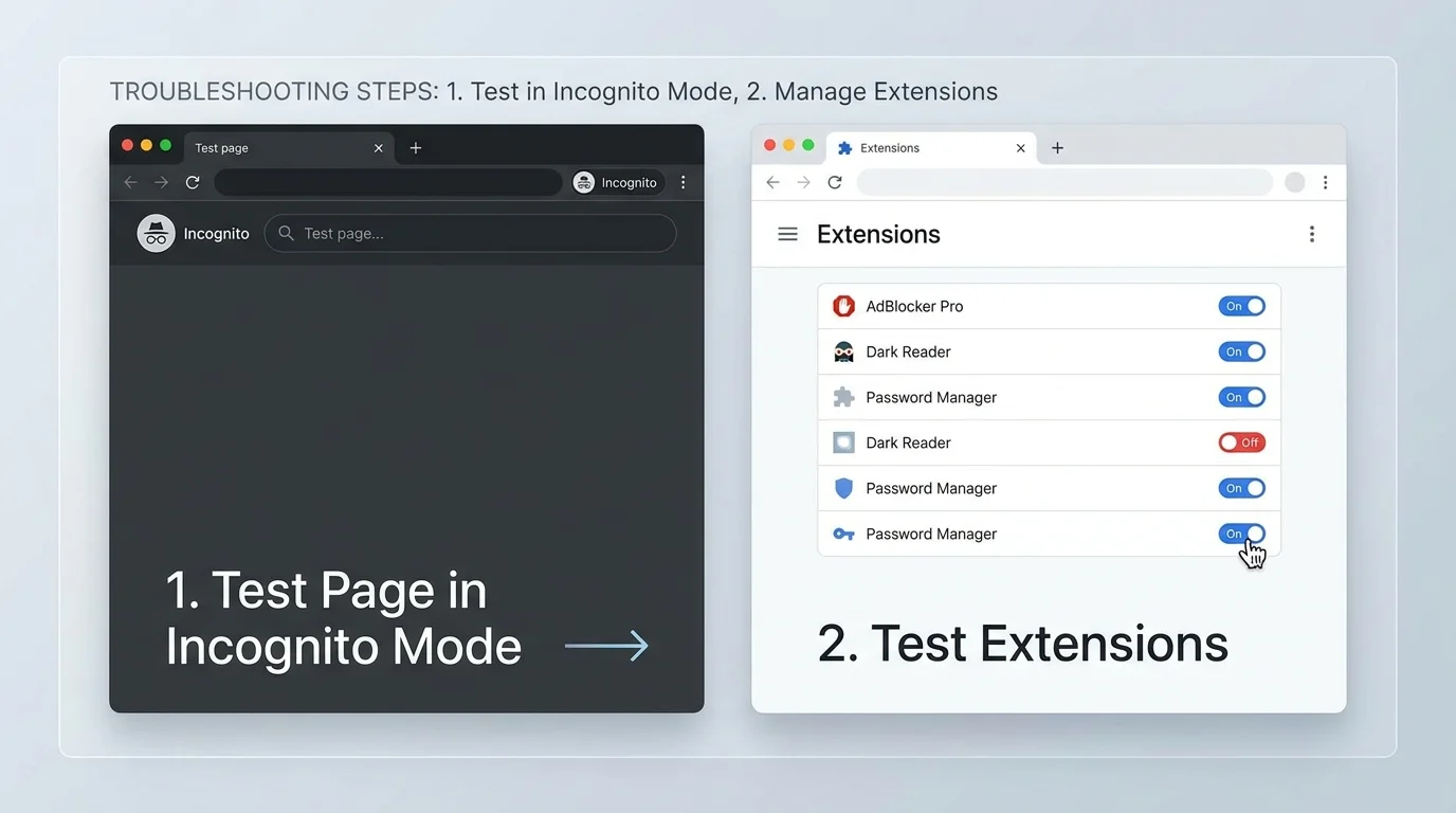 Chrome-style Incognito window and extension controls used to test a connection error